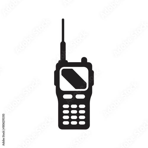 Walkie talkie vector icon. Portable handheld radio transceiver silhouette. Wireless communication device symbol isolated on white background. Two way radio security equipment illustration.
