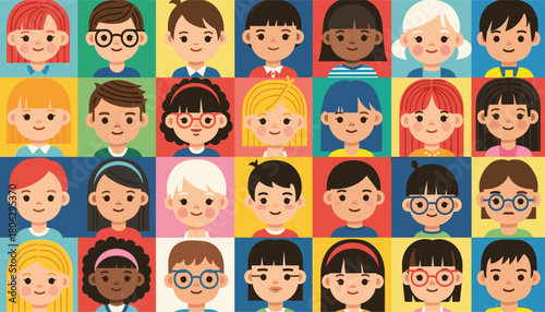 A diverse group of cartoon children with various hair colors and styles wearing different colored shirts arranged in a grid pattern against colorful backgrounds representing childhood and community