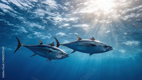 Two large bluefin tuna swim submerged in bright blue ocean water beneath  sunlit rippling water surface
