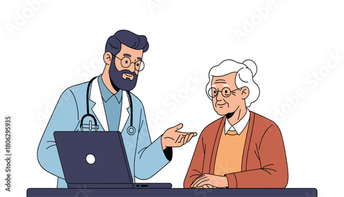 Doctor consults with an elderly woman at a desk with a laptop discussing medical care and health