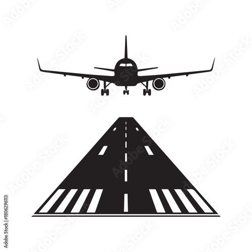 Airplane landing on runway silhouette vector illustration. Commercial jet aircraft arrival at airport. Front view of plane flight approach and asphalt airstrip road with markings isolated on white.
