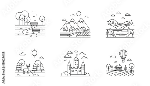 Collection of minimalist line art illustrations depicting various scenic landscapes including a park with benches a village nestled in mountains a lakeside scene a deer in a forest a medieval castle a