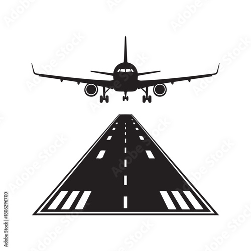 Airplane landing on runway silhouette vector illustration. Commercial jet aircraft arrival at airport. Front view of plane flight approach and asphalt airstrip road with markings isolated on white.
