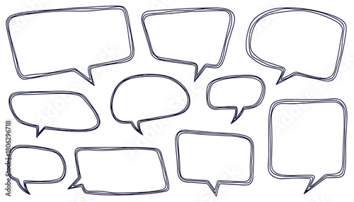 Collection of hand drawn speech bubbles and thought bubbles with a sketchy double line outline on a white background perfect for communication and idea concepts