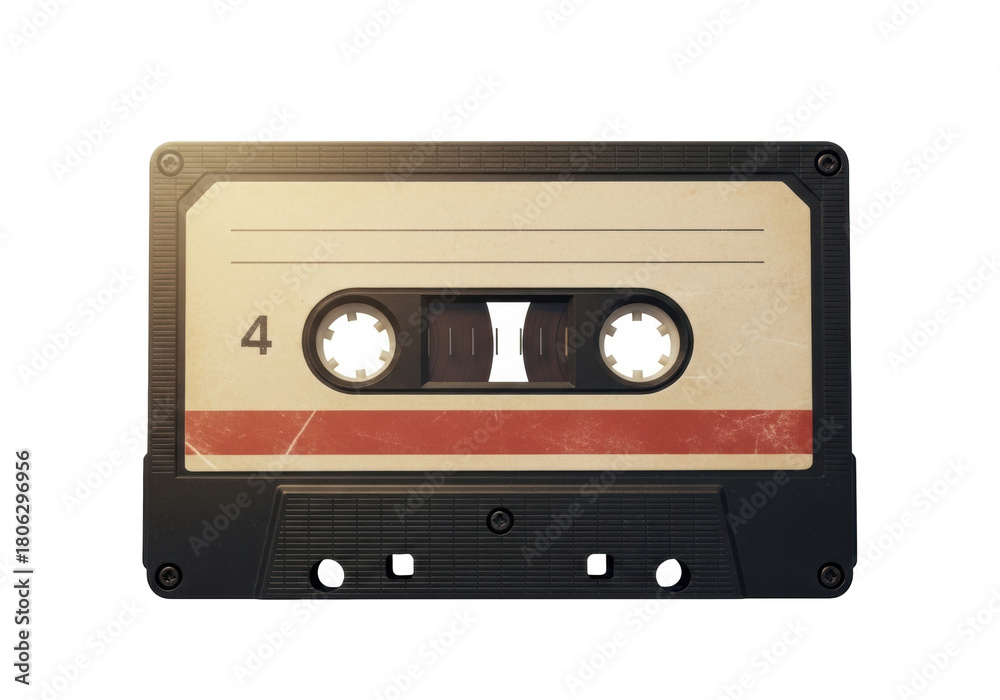 Obraz premium Retro audio cassette tape isolated PNG, vintage music storage device with number 4 and red stripe on transparent background