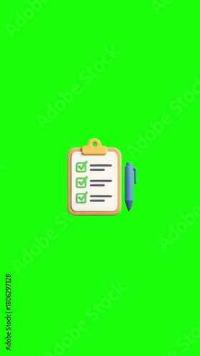 Animated 3D checklist on a clipboard with a blue pen on green screen background.