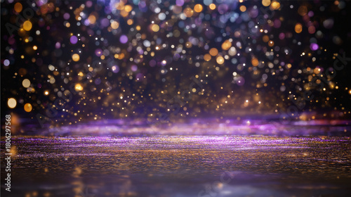 Glitter bokeh lights on dark background with copy space for festive design