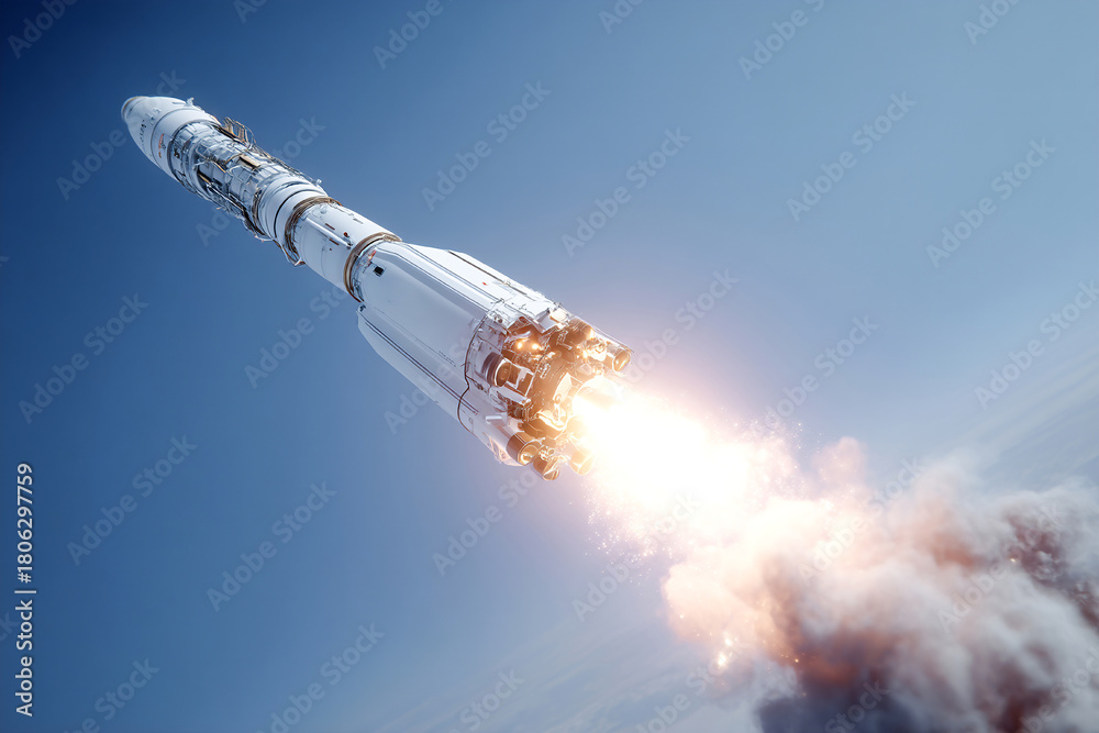 Fototapeta premium Futuristic Mars colonization rocket ascending through blue sky Generative AI