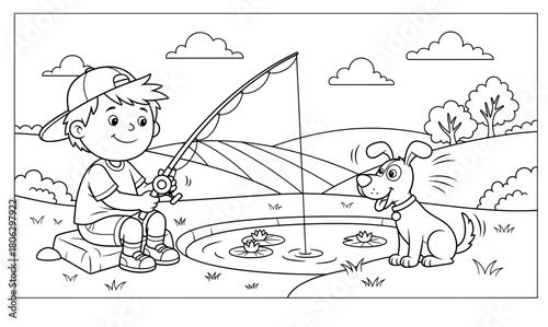 Young boy fishing by a pond with a playful dog nearby, surrounded by grassy hills and fluffy clouds, creating a cheerful outdoor scene for coloring pages