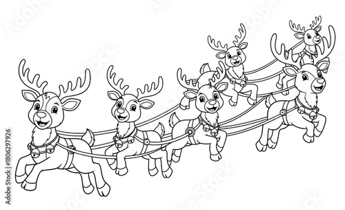 Cute reindeer with antlers pulling a sleigh in a festive winter scene, perfect for coloring pages, showcasing joyful holiday spirit and playful design elements