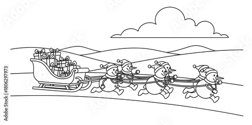Snowmen pulling a festive sleigh filled with presents across a snowy landscape, under a cloudy sky, creating a joyful winter holiday scene for coloring pages