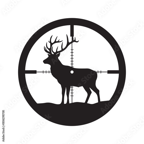 Deer hunting target in rifle scope crosshair. Buck silhouette view through gun sight optical lens vector illustration. Wild animal stag aiming point isolated on white background.
