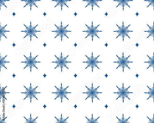 Seamless vector pattern featuring geometric blue snowflakes and minimalist diamond shapes on white background. Perfect for winter fabric, wrapping paper, festive decor, cards, branding, wallpaper, and