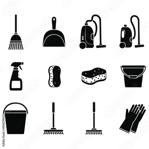 House Cleaning and Janitorial Tools Silhouette Icons