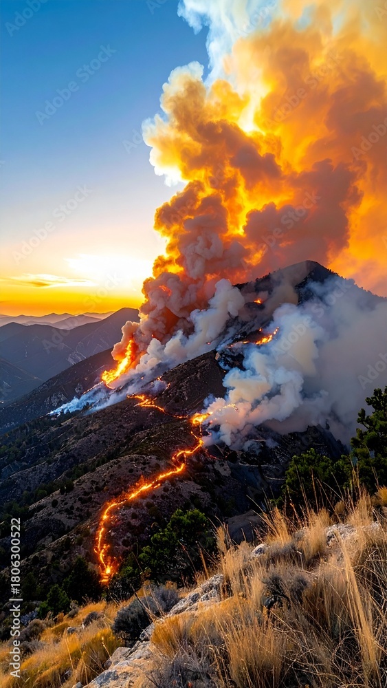 Fototapeta premium Wildfire Raging on Mountain Ridge at Sunset Devastating Forest Landscape Environmental Disaster and Natural Catastrophe.