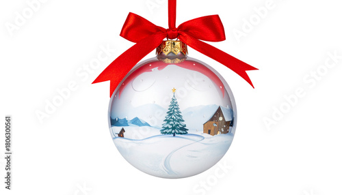 Clear Christmas ornament with snowy winter village scene, decorated tree, cozy house, and red satin ribbon on white background.