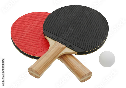 Obraz na plátne Two ping pong paddles and ball isolated PNG, red and black table tennis rackets