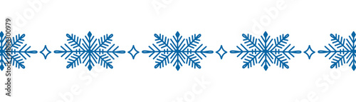 Seamless winter border with blue geometric snowflakes and small diamond accents in a line. Vector illustration for festive textile, gift wrap, holiday cards, decor, branding, banners, websites.