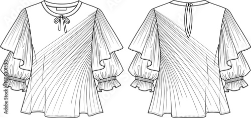 Elegant ruffle sleeve blouse fashion sketch with flowing pleated details, technical garment illustration, stylish top design, vector apparel drawing for designers