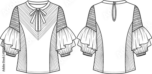 Elegant ruffle sleeve blouse fashion sketch with bow neckline, detailed garment illustration, vector apparel design, stylish women top technical drawing