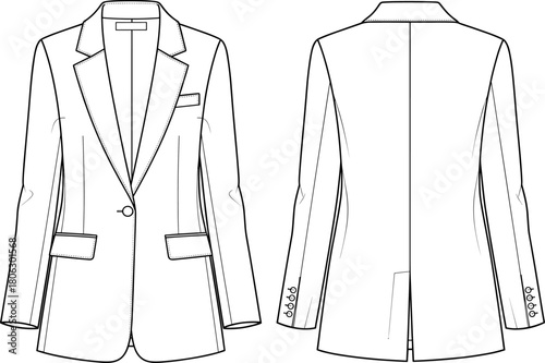 Elegant tailored women’s blazer fashion flat sketch with front and back views, detailed seams, pockets, lapels, sleeve buttons, professional apparel design illustration
