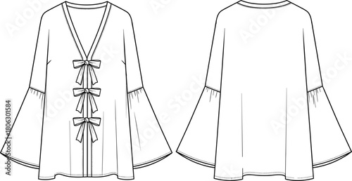 Elegant women blouse fashion sketch featuring multiple front ribbon bow ties, wide bell sleeves, technical garment illustration, vector apparel design drawing