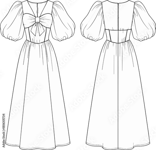 Romantic puff-sleeve dress fashion sketch, bow-front bodice illustration, elegant garment template, technical sewing pattern drawing, vintage-inspired clothing design for designers