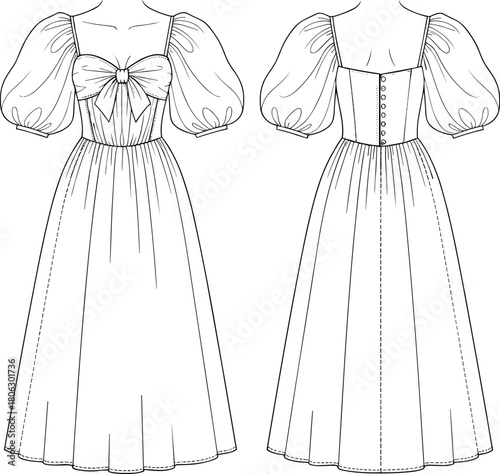 Romantic puff-sleeve dress fashion sketch, bow-front bodice illustration, elegant garment template, technical drawing for sewing patterns, vintage inspired clothing design