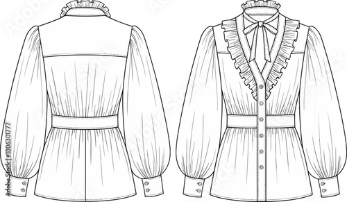 Ruffled women’s blouse technical flat sketch, elegant long-sleeve fashion illustration featuring button-front design, gathered sleeves, waist seam, and decorative neckline details