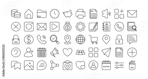 Multimedia option icon set collection. Containing share, apps, globe, search, document, picture, folder .Line vector icons collection