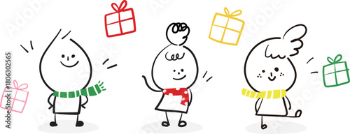 (Happy Holiday Xmas, gifts) hand drawn party icons. Vector illustration.	