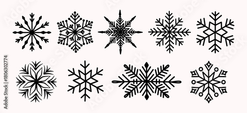 Collection of eight unique snowflake vector icons in modern black line style. Isolated decorative winter symbols perfect for Christmas cards, packaging, web banners, festive branding, and seasonal dig