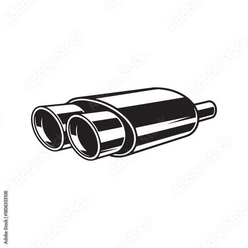 Car exhaust muffler vector icon. Automotive dual pipe silencer illustration. Vehicle exhaust system part isolated on white background. Monochrome retro style auto spare part.
