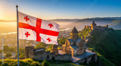 Flag Georgia against monastery.