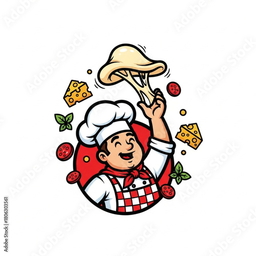 Happy Pizza Maker Spinning Dough Cute Restaurant Logo