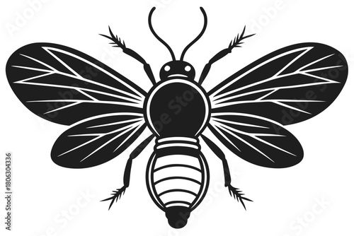 Stylized black silhouette of a bee with intricate wing details on a black background
