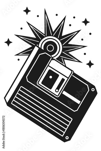 Retro floppy disk with a bright flash and stars symbolizing data saving and nostalgia