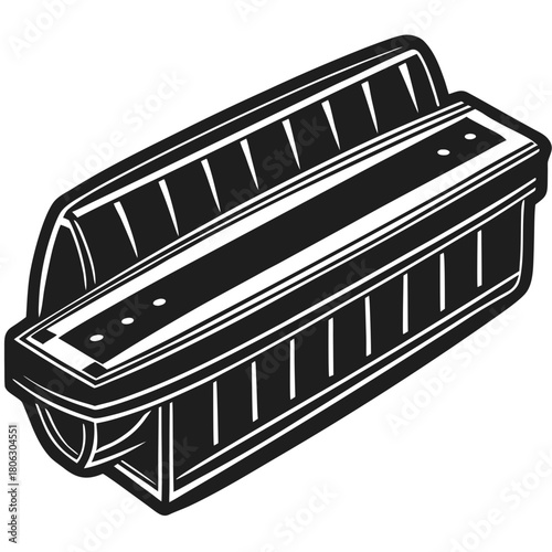 Stylized black and white illustration of a harmonica with a clean outline and simple design