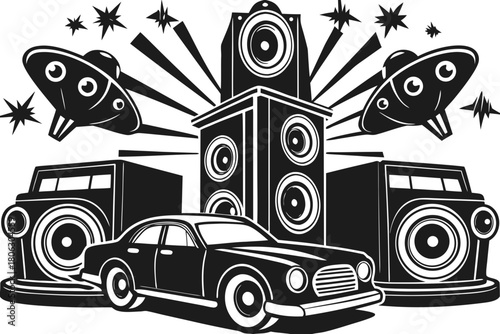 Retro car and alien ufos blast music from giant speakers in a stylized scene