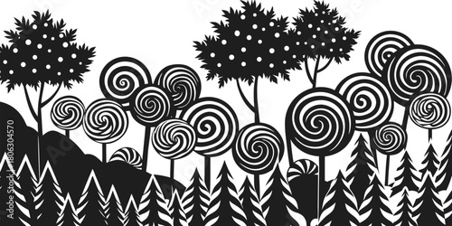 Whimsical lollipop forest landscape with stylized trees and rolling hills