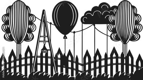 Whimsical park scene with trees swing set balloon and clouds on a fence background