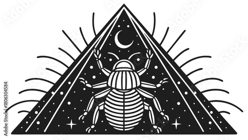 Mystical scarab beetle within a celestial triangle with crescent moon and stars