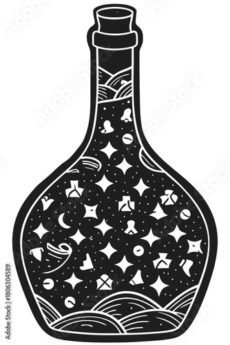 Mysterious potion bottle filled with celestial symbols and cosmic elements