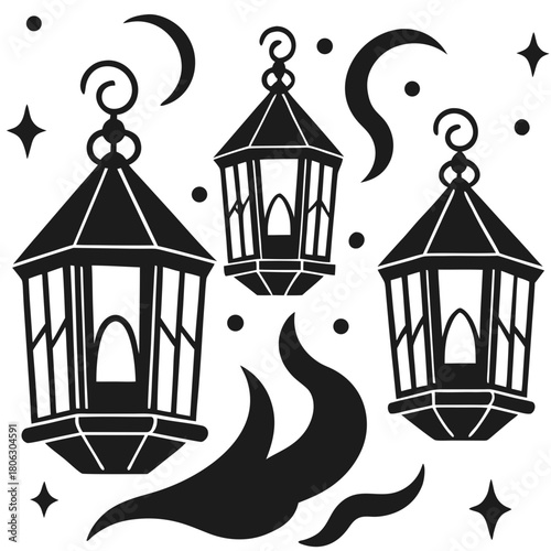 Dark silhouette of three ornate hanging lanterns with crescent moons and stars