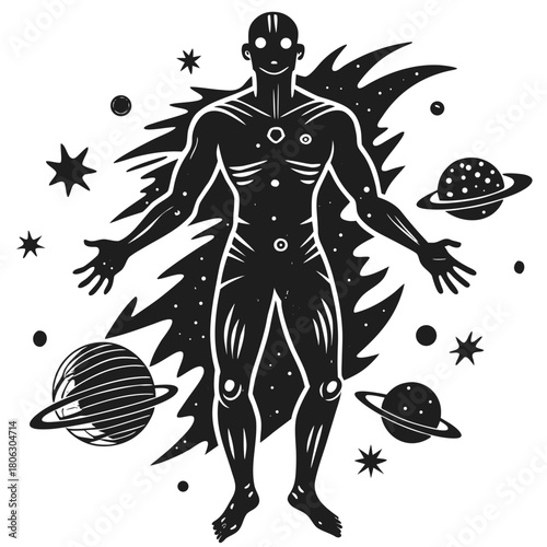 Cosmic human figure surrounded by planets stars and nebula abstract space art