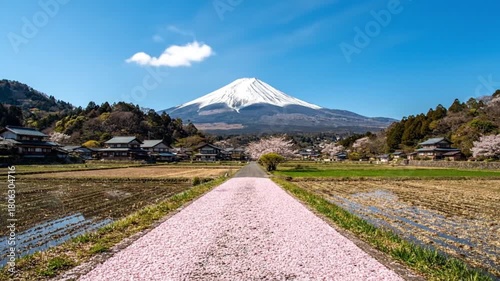 Sweeping high angle cinematic view of Mount Fuji snow covered and majestic beneath soft white clouds and a brilliant blue sky while cherry blossom trees bloom across traditional Japanese villages as a