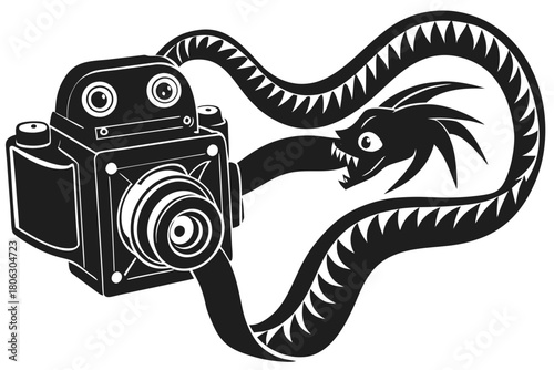 Creative camera with a serpent emerging from the lens