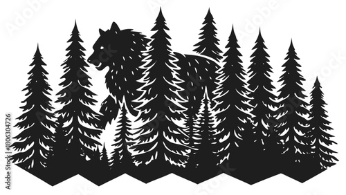 Silhouette of a wolf walking through a dense pine forest at night