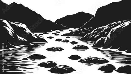 Stylized dark monochrome landscape with a winding river and rocky mountains