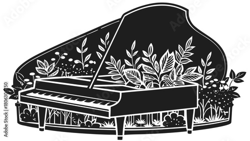Elegant grand piano surrounded by lush greenery and delicate flowers in a garden setting